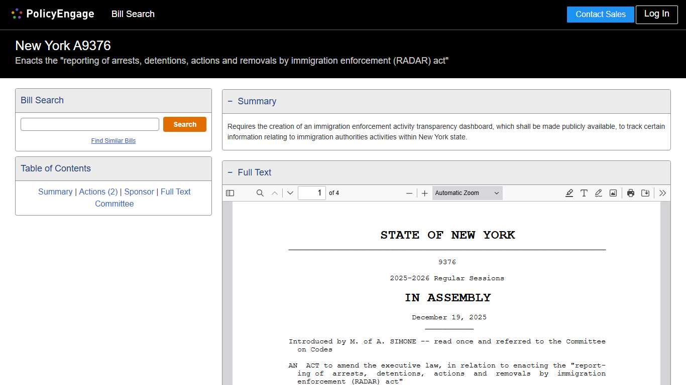 A9376 | New York 2025-2026 | Enacts the "reporting of arrests, detentions, actions and removals by immigration enforcement (RADAR) act" - Legislative Tracking | PolicyEngage